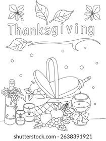 Thanksgiving Harvest Basket Coloring Page, Black and white outline illustration for coloring featuring a Thanksgiving scene with a harvest basket filled with fruits and vegetables, candles, a