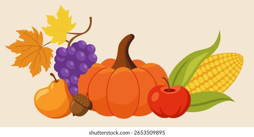 Thanksgiving Harvest Composition with Pumpkin, Corn, and Autumn Fruits