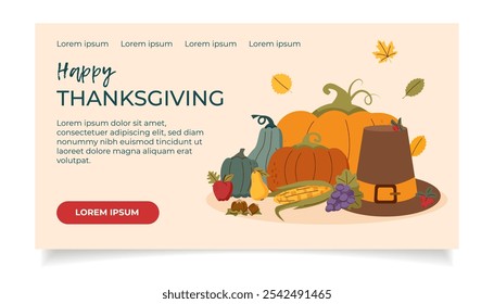 Thanksgiving and harvest concept banner. Thanksgiving hat with fruits and vegetables. Thanksgiving background.