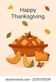 Thanksgiving and harvest concept card. Thanksgiving pie with pumpkin. Thanksgiving poster. Harvest background.