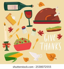 Thanksgiving and harvest festival food icons. Traditional autumn Thanksgiving food. Festive table with turkey, candles, wine, salad, pumpkin pie, corn and baked pork. Festive vector poster