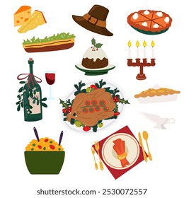 Thanksgiving and harvest festival food icons. Traditional autumn Thanksgiving food. Festive table with turkey, candles, wine, salad, pumpkin pie, corn and baked pork. Festive vector poster