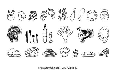 Thanksgiving harvest holiday doodle. Turkey, photo frame, wine, glasses, leaves, pie, and more.