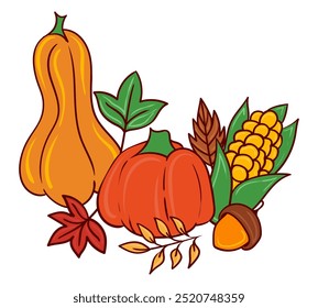 Thanksgiving harvest icon. Pumpkin, squash, corn, acorn, autumn leaves, festive symbols, fall harvest, celebration, family gathering, cozy season.