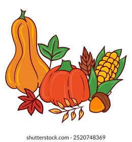 Thanksgiving harvest illustration. Pumpkin, squash, corn, acorn, leaves, fall-themed food symbols, autumn celebration, family gathering, cozy holiday feast.