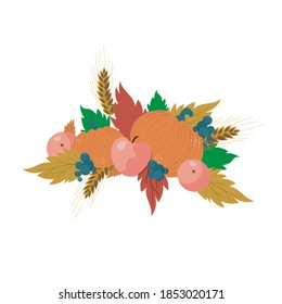 Thanksgiving harvest including pumpkin, apples, wheat, grapes and foliage. Vector illustration.