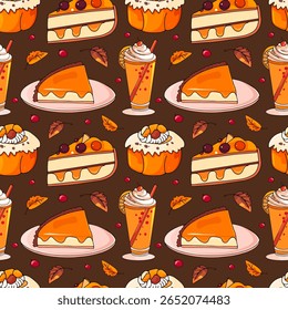 Thanksgiving Harvest Pattern with Fall Icons. Hand-Drawn Fall Seamless Pattern with Pumpkins and Jars
