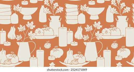 Thanksgiving and Harvest seamless pattern. Graphic background with fall elements. Hand drawn illustration of pumpkin, leaves, dishes and candles. Country table decoration and wallpaper art.