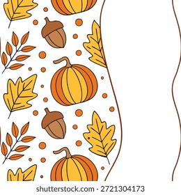 Dia de Ação de Graças colheita padrão de azulejos sem costura com abóboras folhas de outono bolotas e acolhedor conceito de calor sazonal como colheitas temática de Ação de Graças com abóboras folhas de outono e sotaques sazonais acolhedores formar um padrão sem costura no conceito de stock de foto e espaço vazio no lado esquerdo, sem texto —ar 7:2 —azulejo