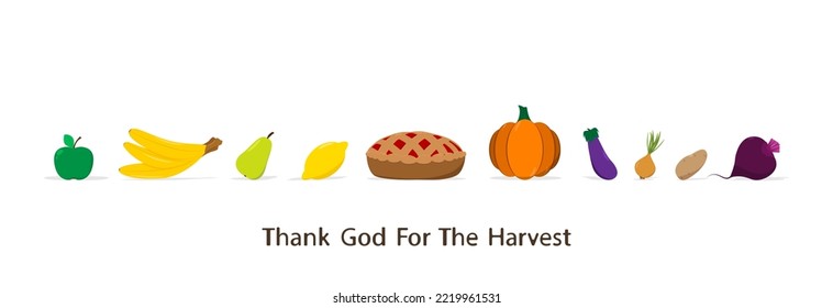 Thanksgiving For The Harvest. A Set Of Different Fruits And Vegetables And A Cherry Pie In The Center.