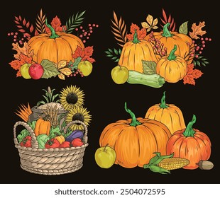 Thanksgiving harvest set posters colorful with basket filled with fruits and vegetables near pumpkins for making pie vector illustration