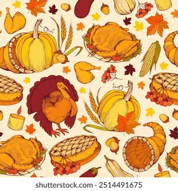 Thanksgiving Harvest Vector Seamless Pattern, Traditional Pumpkins and Dishes. Autumn Holiday Celebration Wallpaper. Fall Season Colorful Hand-Drawn Natural Vegetables. Turkey, Cornucopia, Apple Pie