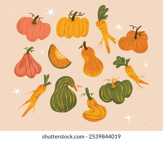 Thanksgiving Harvest Vegetables Collection with Pumpkins, Squash, and Root Vegetables in Hand-Drawn Style