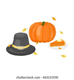 Thanksgiving hat, pumpkin and pie composition in cartoon style isolated on white background.