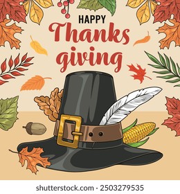 Thanksgiving hat vintage poster colorful with classic pilgrim headdress decorated with turkey feather and tree petals vector illustration