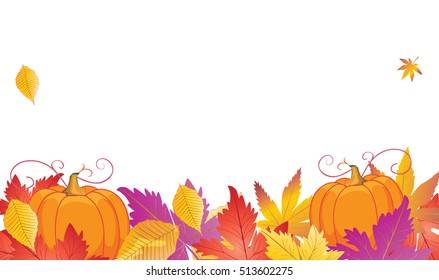 Thanksgiving Holiday background. Fall colorful leaves and pumpkin frame. Autumn maple leaves border. Vector illustration.