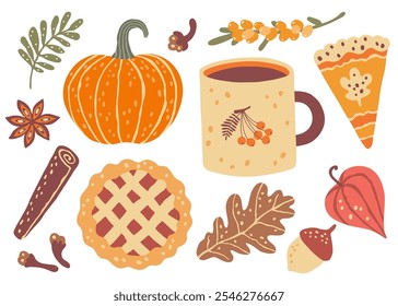 Thanksgiving holiday baking, spice, pumpkin and fall plants. Autumn mood clipart.