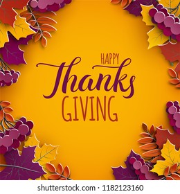 Thanksgiving holiday banner with congratulation text. Autumn tree leaves on yellow background. Autumnal design for fall season poster, thanksgiving greeting card, paper cut style, vector illustration