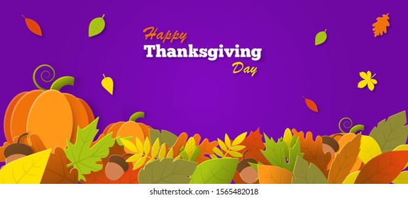 Thanksgiving holiday banner with congratulation text and turkey, pumpkin. Autumn leaves on dark purple background. Autumnal design for fall season poster, thanksgiving greeting card vector illustratio