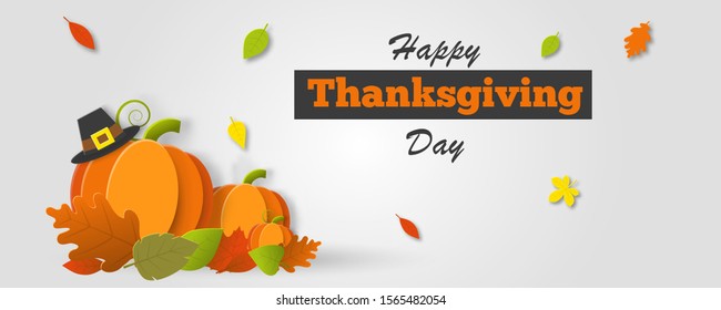 Thanksgiving holiday banner with congratulation text and hat, pumpkin. Autumn leaves on white background. Autumnal design for fall season poster, thanksgiving greeting card vector illustration