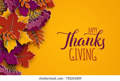 Thanksgiving holiday banner with congratulation text. Autumn tree leaves on yellow background. Autumnal design for fall season poster, thanksgiving greeting card, paper cut style, vector illustration