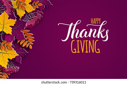 Thanksgiving holiday banner with congratulation text. Autumn tree leaves on purple background. Autumnal design for fall season poster, thanksgiving greeting card, paper cut style, vector illustration