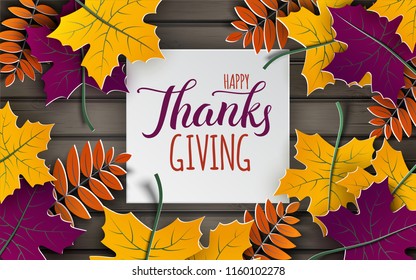 Thanksgiving holiday banner, paper colorful tree leaves on wooden background. Autumn design, for fall season poster, flyer, web site, thanksgiving greeting card, paper cut style, vector illustration