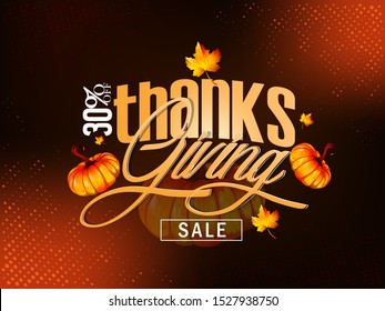 Thanksgiving holiday banner poster card with congratulation text. Autumn tree leaves on yellow background. 