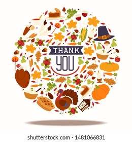 Thanksgiving holiday banner with traditional turkey and fruit pie, pumpkin, caramel apples and mushroom harvest vector illustration. Autumn maple leaf for thanksgiving day. Thank you.
