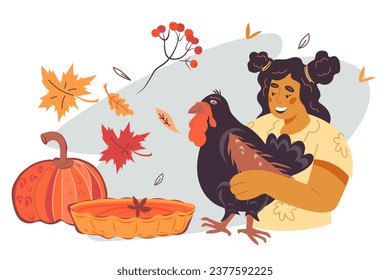 Thanksgiving holiday card or banner template with child and turkey, pumpkins harvest. Autumn poster for Thanksgiving and seasonal greeting cards, flat vector illustration isolated on white.