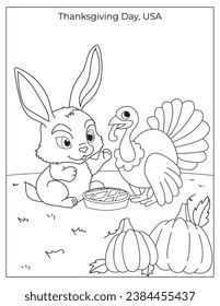 Thanksgiving holiday Celebration with cute rabbit and turkey coloring page for kids