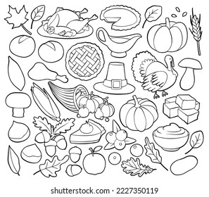 Thanksgiving holiday celebration related things and objects. Collection of hand drawn, vector cartoon illustrations.