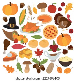 Thanksgiving holiday celebration related things and objects. Collection of hand drawn, vector cartoon illustrations.