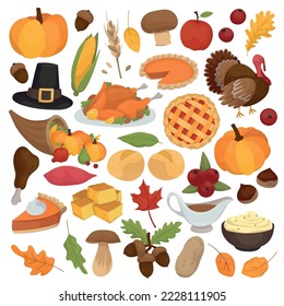 Thanksgiving holiday celebration related things and objects. Collection of hand drawn, vector cartoon illustrations.