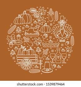 Thanksgiving Holiday circle greeting card. Round pattern with stylized white line Thanksgiving symbols isolated on brown. Linear cartoon traditional Fall elements. Outline Vector illustration.