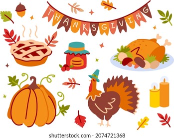 Thanksgiving holiday collection. Objects and decorations isolated on white.