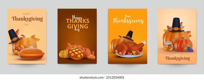 Thanksgiving holiday composition for card, poster, flyer. Set background in 3d cartoon style. Bright vector illustration.