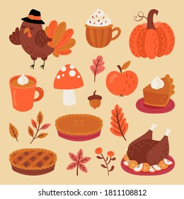 Thanksgiving holiday cute elements set. Childish print for cards, stickers and party invitations. Vector illustration