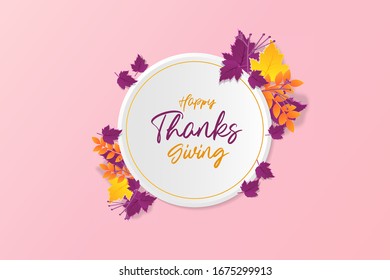 Thanksgiving holiday design with congratulation text. Autumn tree leaves on pink background. Autumnal design for fall season poster, thanksgiving greeting card, paper cut style, vector illustration