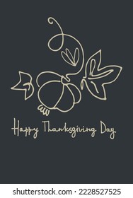 Thanksgiving holiday design. Hand lettering like gold decorated with a garland of pumpkins and pumpkin leaves on dark background. Greeting card template, logo, emblem