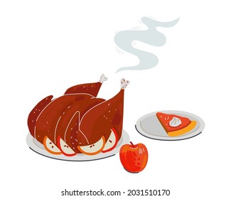 Thanksgiving holiday dinner. Roast turkey with in apples and sweet pumpkin pie with cream. Cooked poultry drawing colored vector eps isolated illustration