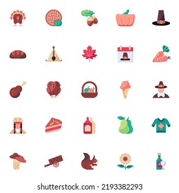 Thanksgiving holiday elements collection, flat icons set, Colorful symbols pack contains - turkey bird, pilgrim hat, native american, teepee, apple pie. Vector illustration. Flat style design