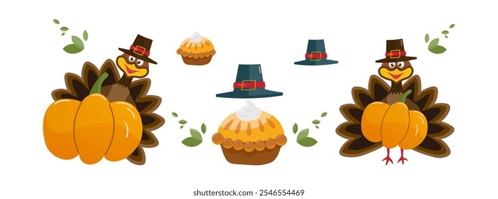 Thanksgiving holiday elements. Harvest, family dinner or lunch. Thanksgiving turkey, cute banner, card. Design template. Vector flat illustration for print, poster, banner, advertisement, cover.