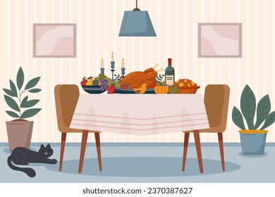 Thanksgiving, holiday, family, Christmas concept. Food on the table in home interior. Thanksgiving turkey.