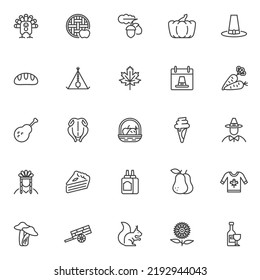 Thanksgiving holiday line icons set. linear style symbols collection, outline signs pack. Thanksgiving related vector graphics. Set includes icons as turkey bird, pilgrim hat, native american, teepee