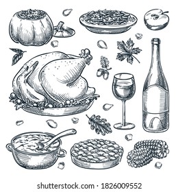 Thanksgiving holiday menu design elements  isolated white background  Vector hand drawn sketch illustration  Traditional holiday home made meal  Roasted turkey  pie  green beans   stuffed pumpkin