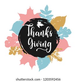 Thanksgiving holiday print, banner, label, circle shape with leaves. Vector autumn tag isolated on white background. Hand drawn design elements, calligraphy.