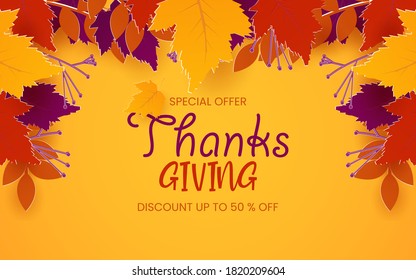 thanksgiving holiday sale background. autumnal promotion concept design for fall season poster, vector illustration.