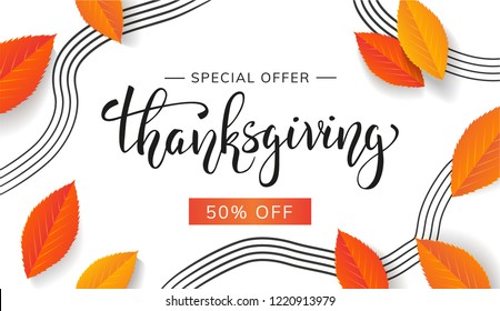 Thanksgiving holiday sale. Special offer discount. Thanksgiving handwritten lettering with orange autumn leaves