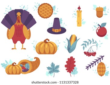 Thanksgiving holiday set. Autumn, harvest and thanksgiving symbols - horn of planty, cornucopia, hat pumpkin apple pie, turkey leaves vegetables. Vector illustration